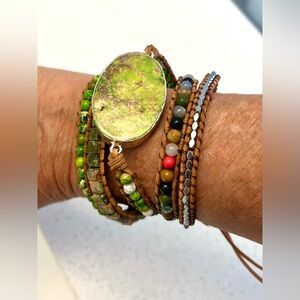 Rhodonite & Beaded Braided String Wrap-Around Bracelet-promote Love &Connection